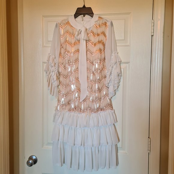 Imported Turkish Party21 Silk Ruffle Knee Length Dress w/Multi Shimmer Sequin 6 - Picture 3 of 17